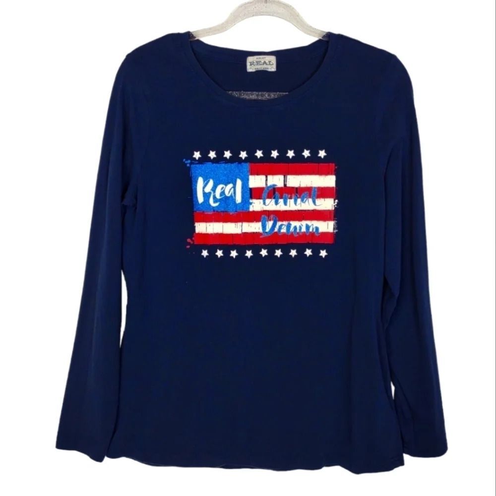 Ariat American Flag Navy Blue Long sleeve Tshirt size Small Glitter Logo